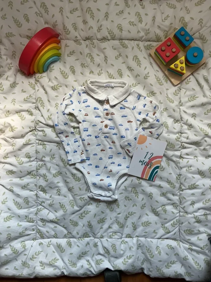 body polo manches longues blanc motifs voitures 12 mois bout'chou