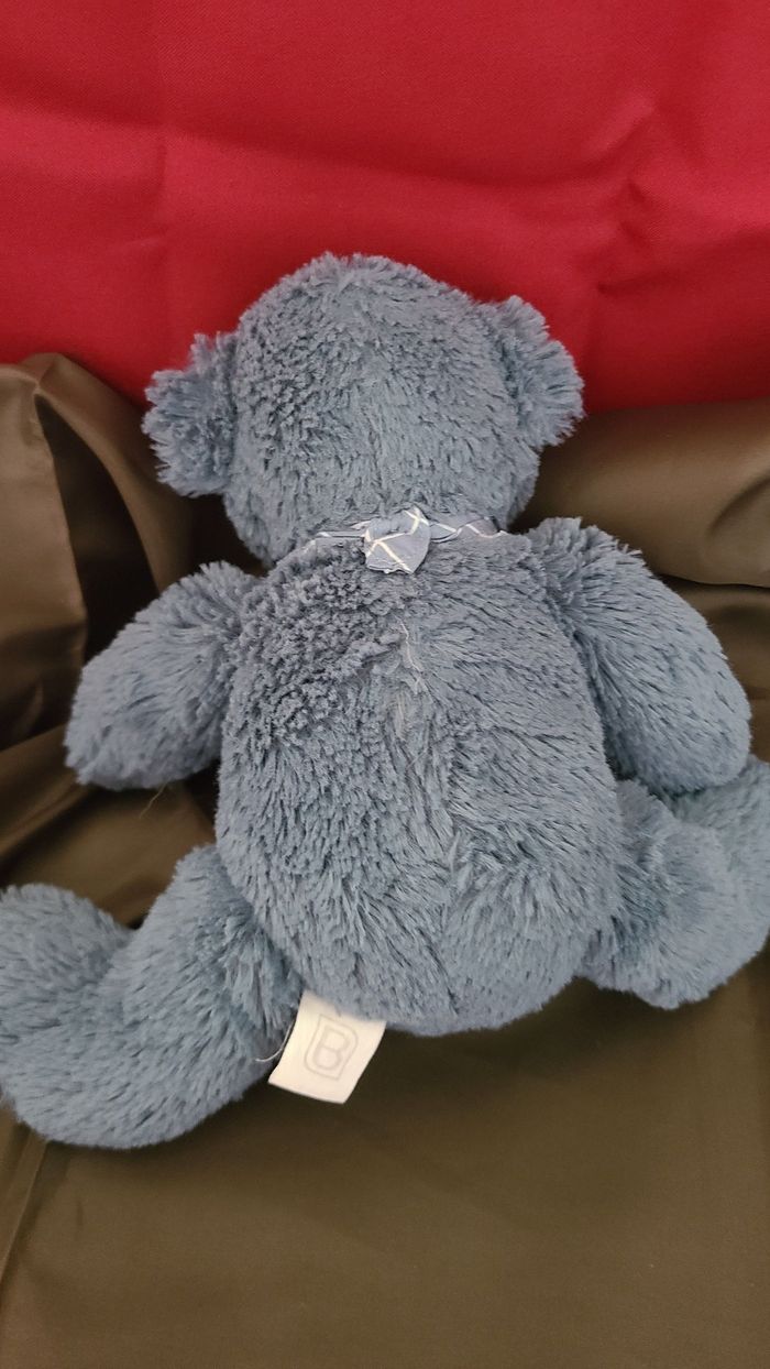 Peluche doudou ours bleu pétrole bandana carreaux Becquet - photo numéro 3