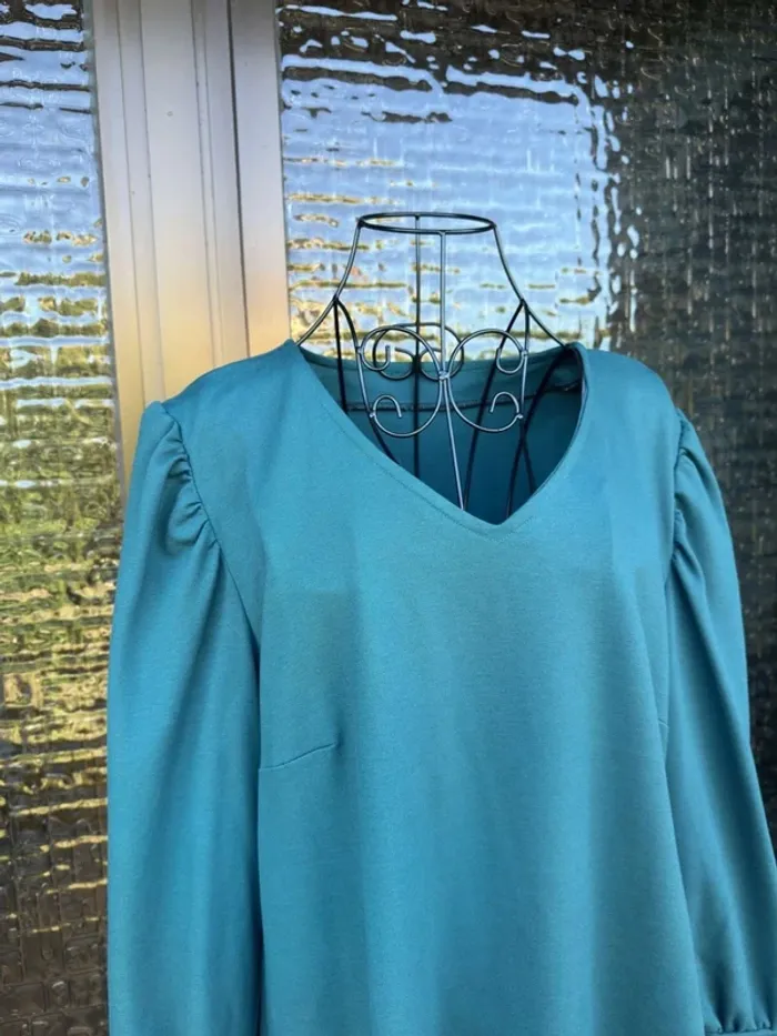 Robe Bleu-Verte Manches Longues Bouffantes - photo numéro 3