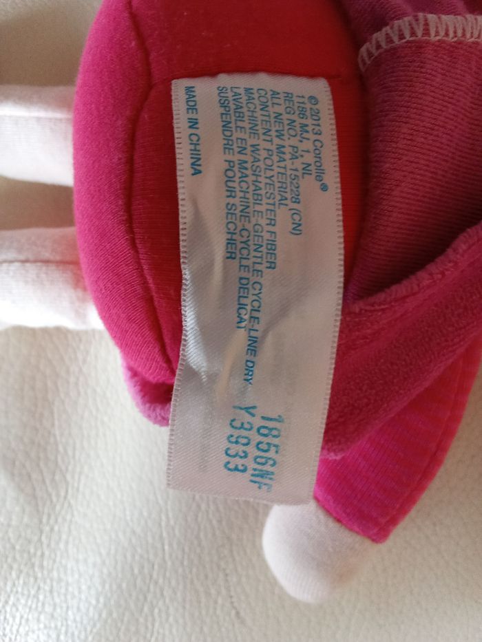 Doudou Corolle miss coeur grenadine 2013 poupée chiffon tissu velours ras coeur brodé violet parme babicorolle rose fushia bras rayés visage  dur - photo numéro 5