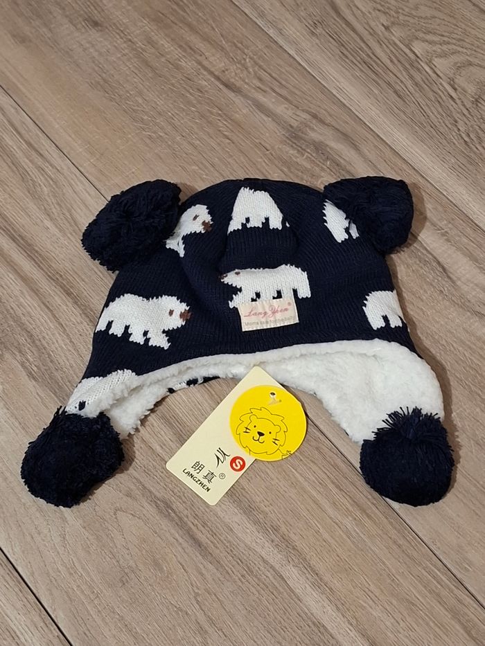 Bonnet d'hiver enfant bébé chaud cache-oreilles doublure polaire garçon fille ours bleu marine