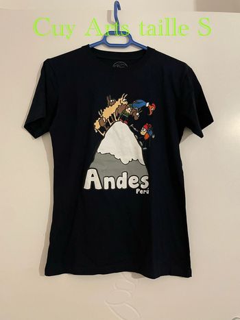T-shirt à manches courtes bleu marine à motifs humoristique péruvien neuf Cuy Arts taille S