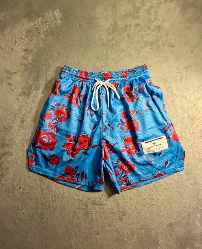 Short en mesh motif flower bleu et rouge Ryoko Rain California Style – Taille L