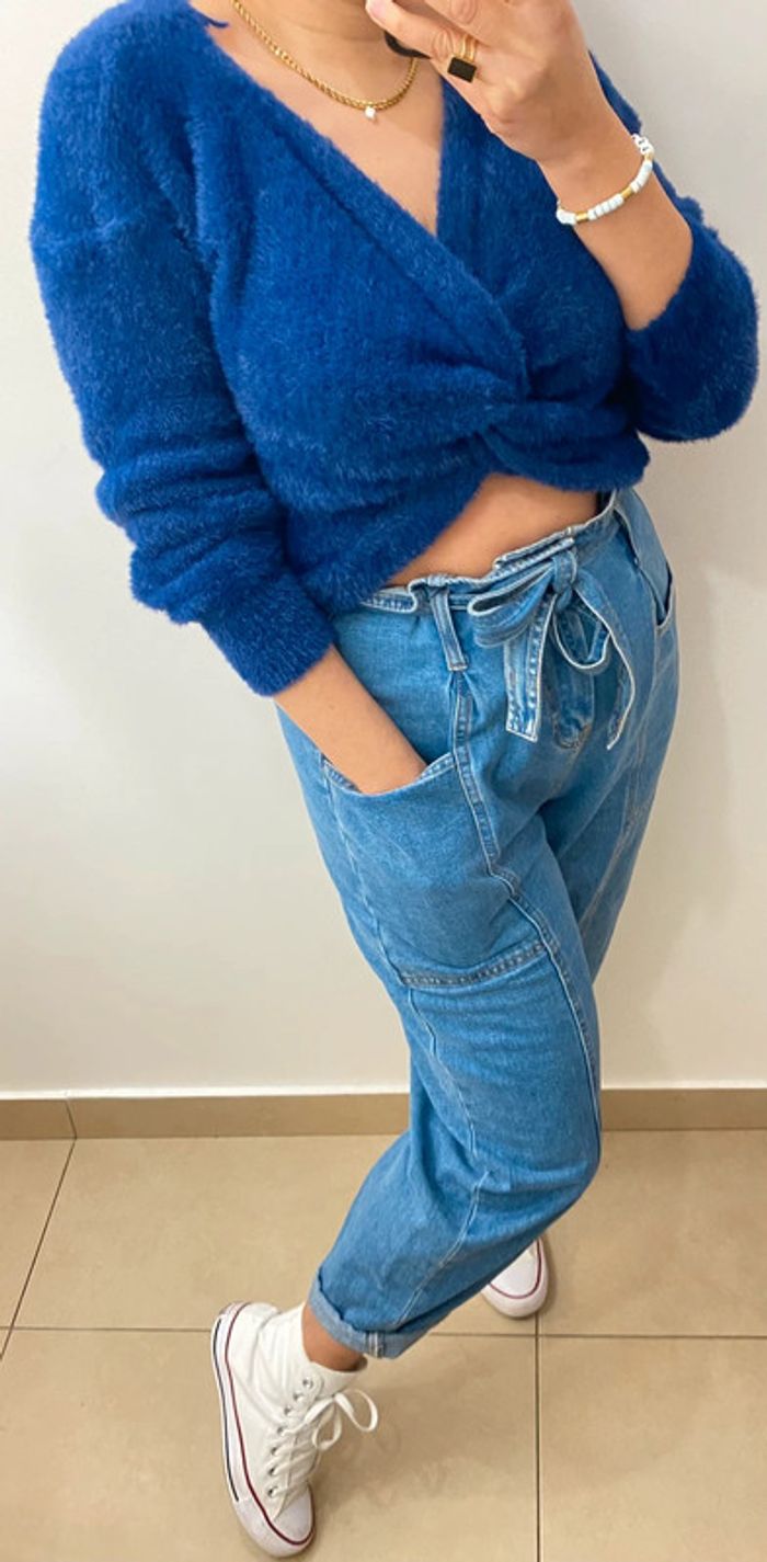 Pull Court Croisé Bleu Marine Duveteux Taille Unique - photo numéro 6