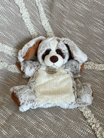 Peluche doudou marionnette 24cm histoire d’ours chien gris beige blanc très bon état