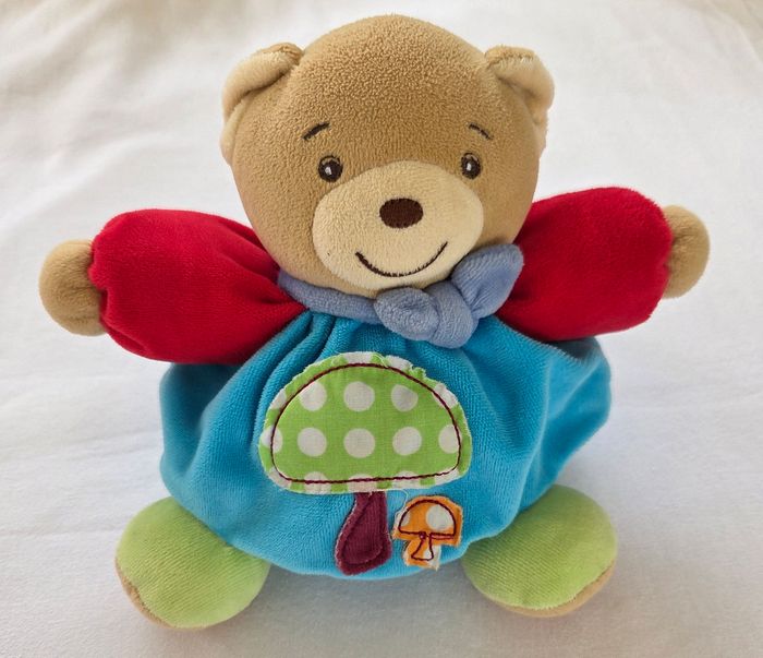 Doudou peluche ours boule bleu et rouge - Champignons - Kaloo