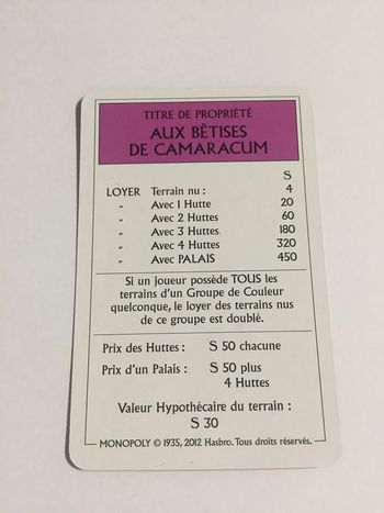 Carte Aux bêtises de camaracum pièce jeu de société Monopoly le tour de Gaule d'Astérix Hasbro #A53