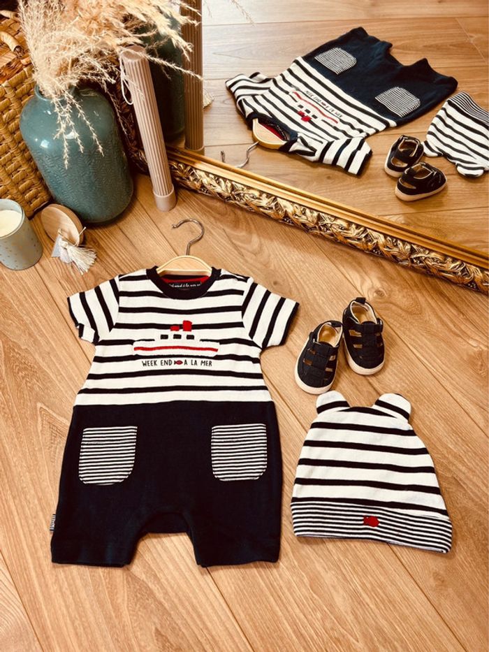 Taille 6 mois salopette d’été barboteuse garçon week-end à la mer * marin * 💙