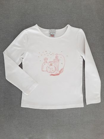 T-shirt manches longues Cyrillus 4 ans blanc motifs bouteilles de parfum rose clair