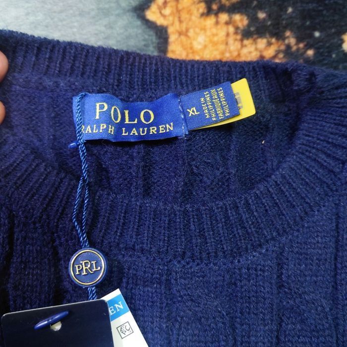 Pull torsadé col rond Polo Ralph Lauren bleu logo brodé rouge taille XL - photo numéro 4