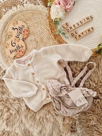 Ensemble gilet maille et bloomer barboteuse 3/6mois fille