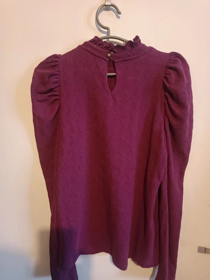 Blouse Chemisier pourpre coton à broderie Promod Taille M En très bon état - photo numéro 3