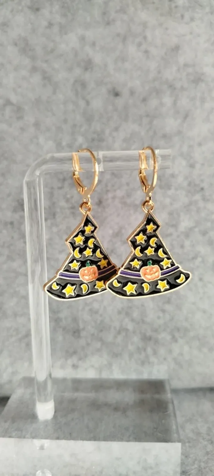 🍄 Boucles d’oreilles ▪ chapeau de sorcière doré Halloween fermoir créole
