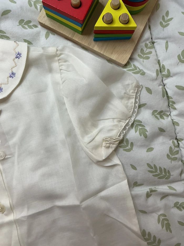 Chemise minimayoral manches courtes 6 ans beige en voile broderies violet sur le col - photo numéro 5