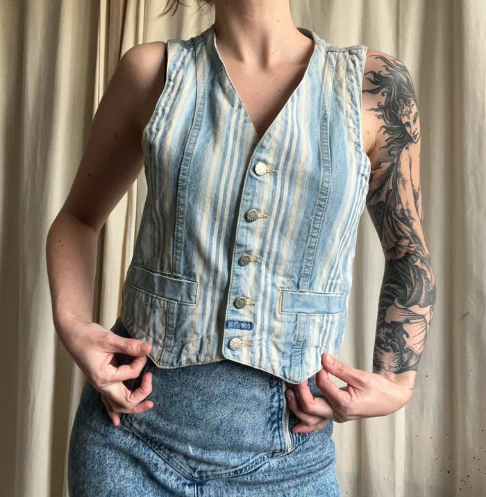 Gilet jeans denim rayures y2k vintage annees 2000 - Taille M/L