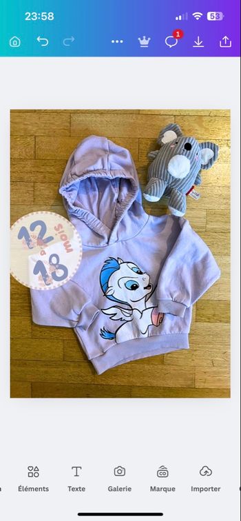 🦄 sweat à capuche licorne disney primark 12/18 mois 💜
