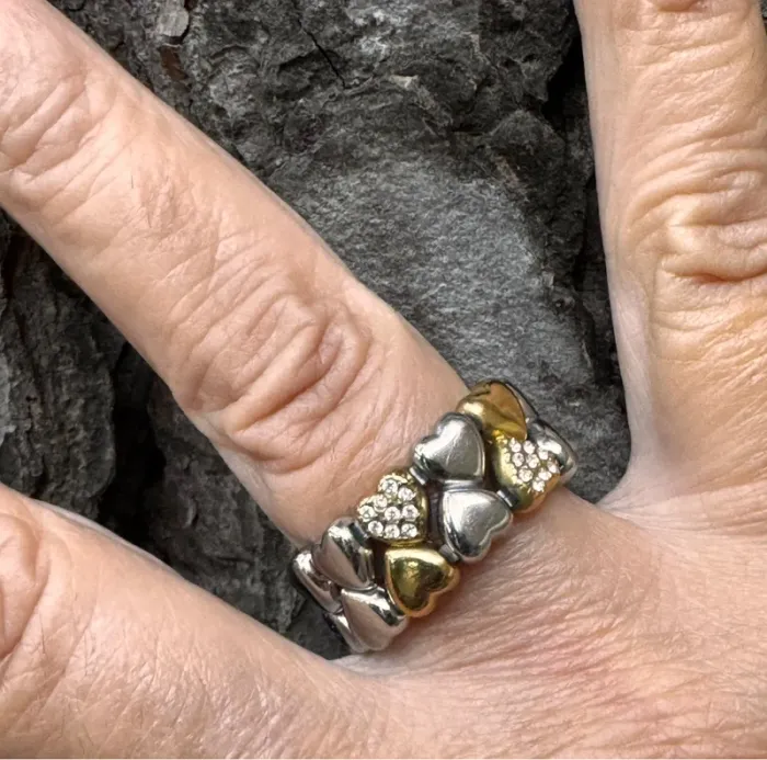Bague large réglable cœur acier inoxydable or argent cristaux réversible - photo numéro 5