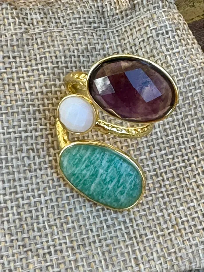 Grosse bague habaha Paris acier inoxydable or réglable pavés améthyste jade vert blanc - photo numéro 8