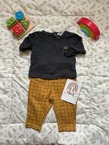 ensemble en flannelle teeshirt manches longues gris in extenso et pantalon moutarde disney 12 mois