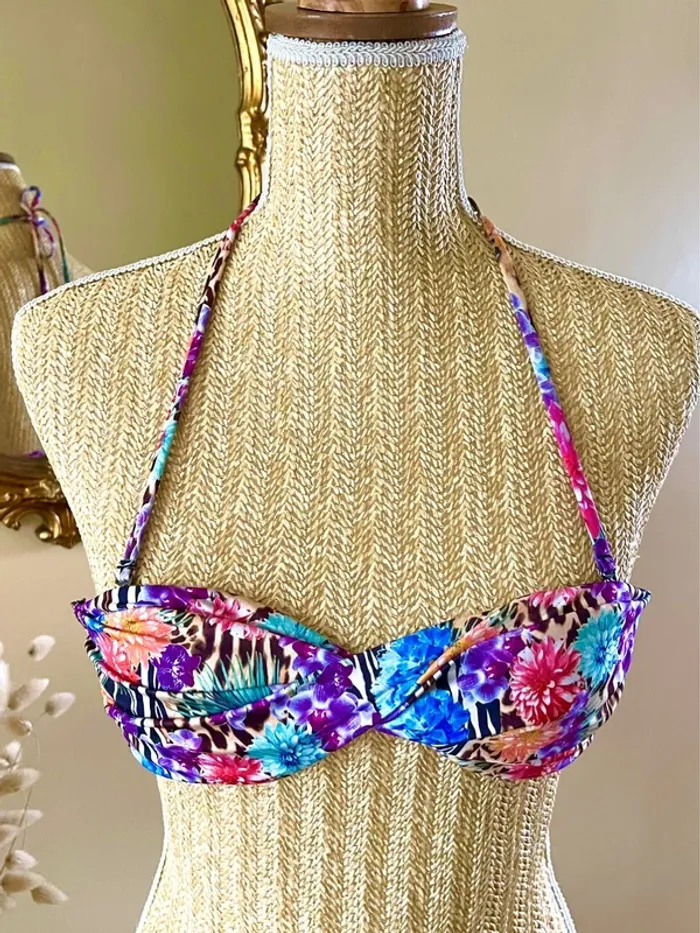 sublime Haut de bikini bandeau fleurs multicolores imprime animal bretelle amovible neuf - photo numéro 3