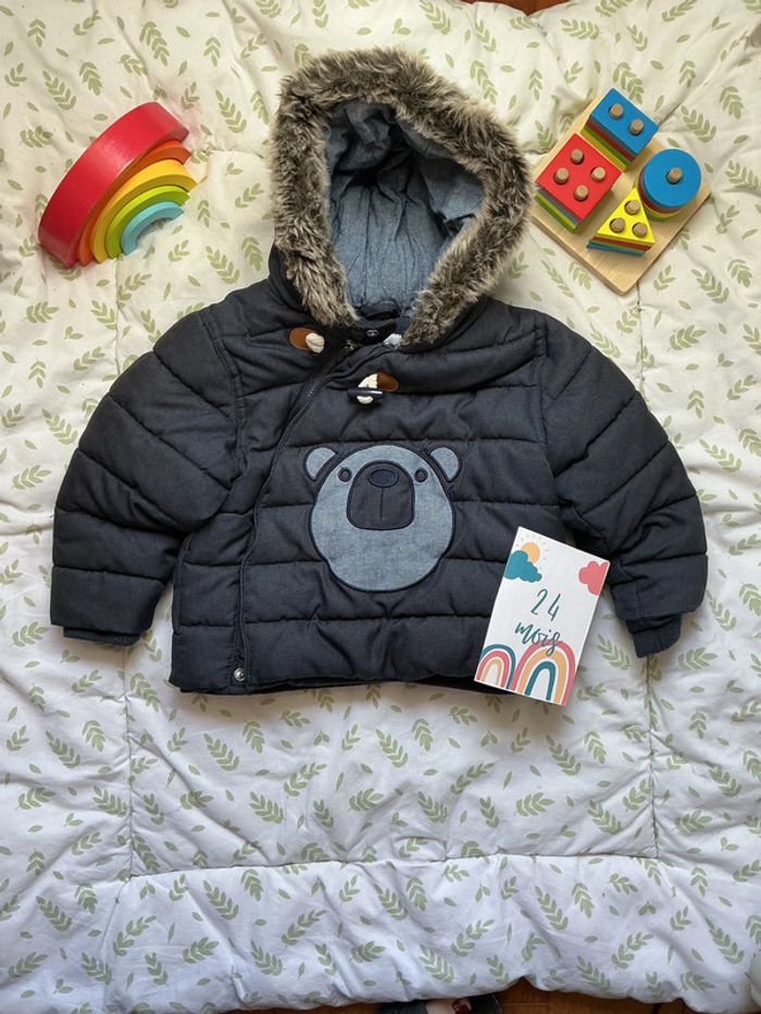 doudoune à capuche avec fourrure doublée polaire marine 23 mois obaibi