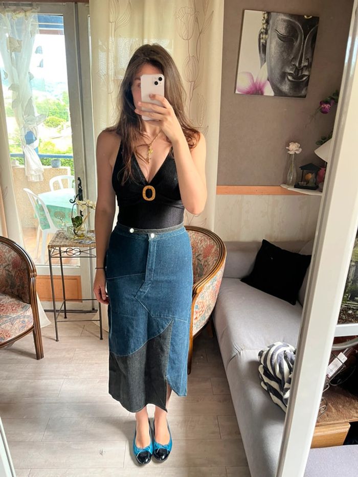Jupe longue maxi skirt jean bohème champêtre denim y2k 2000yer destroy