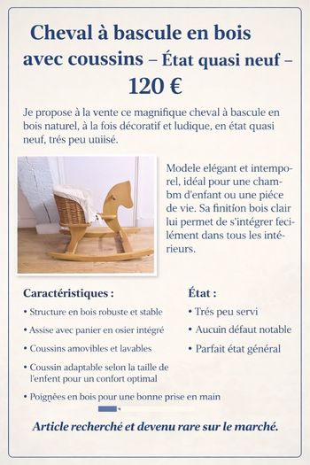 Cheval à bascule en bois avec panier et coussins – État quasi neuf