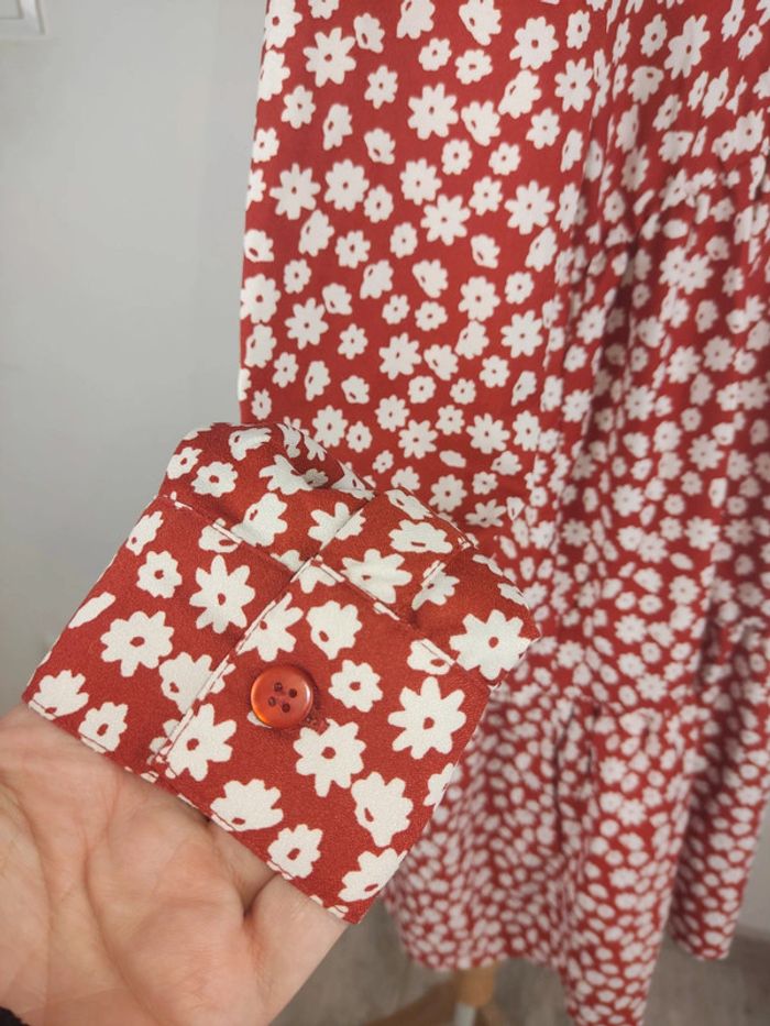 Robe mi-longue manches longues col chemise motif fleuri blanc et terracotta taille 38 Anna Karel - photo numéro 5