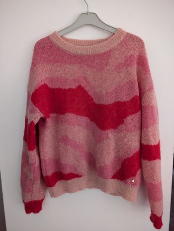 Pull en mohair et laine à zébrures beiges et fuchsia Suncoo T0