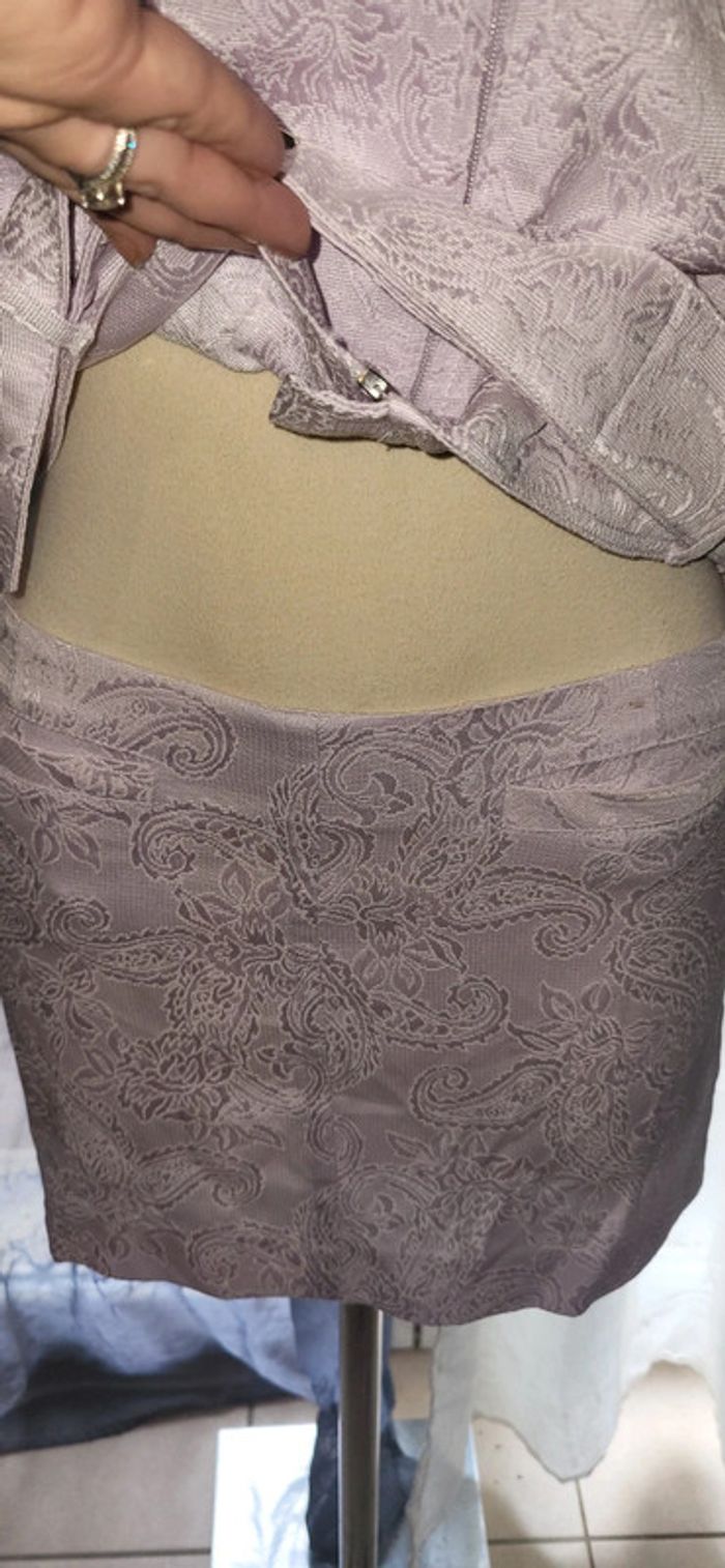 💜 ensemble veste et jupe style perfecto ceinturée effet jacquard lilas - photo numéro 7