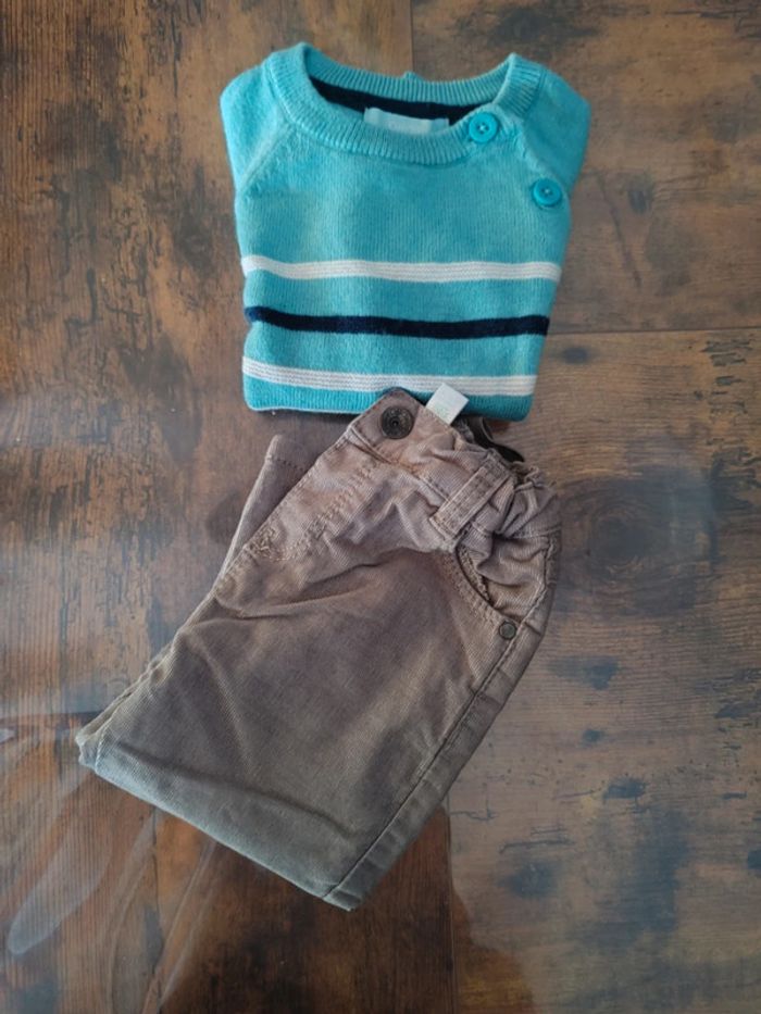 Ensemble garçon 12 mois pull turquoise a rayures blanches et jean gris obaibi