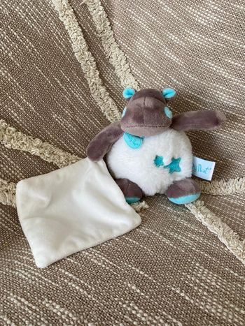 Peluche doudou mouchoir 15cm Babynat hippopotame bleu marron et blanc Étoile parfait état