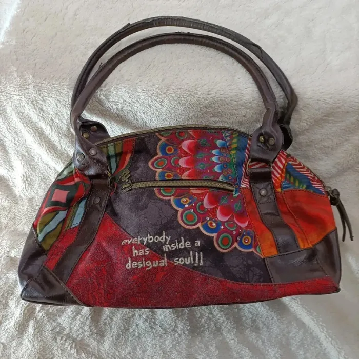 Sac Desigual multicolore brodé esprit patchwork anse marron S047 - photo numéro 2