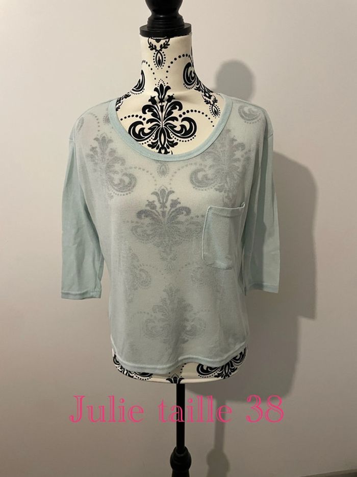 T-shirt manches 3/4 col rond poche devant transparent bleu clair Julie taille 38