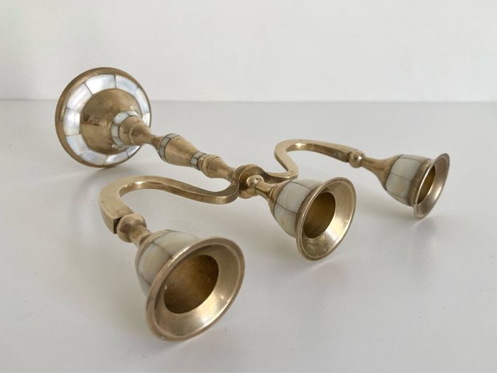 Chandelier 3 branches - Bougeoir en laiton et nacre / Vintage - photo numéro 5