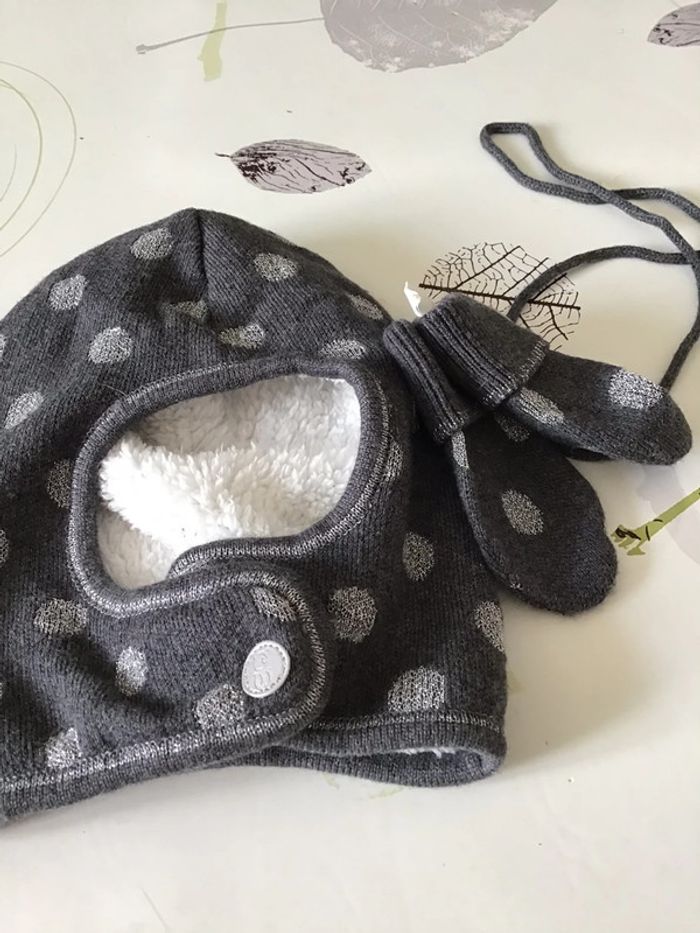 Ensemble bonnet et moufles molletonné taille 3 mois Obaibi gris argenté blanc - photo numéro 2
