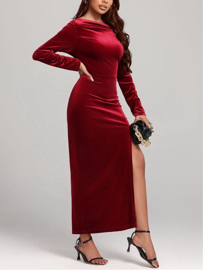 Robe en velours rouge à manches longues pour femmes, robe en velours rouge, col carré, taille mince élégante, vêtements pour femmes d’automne - photo numéro 4