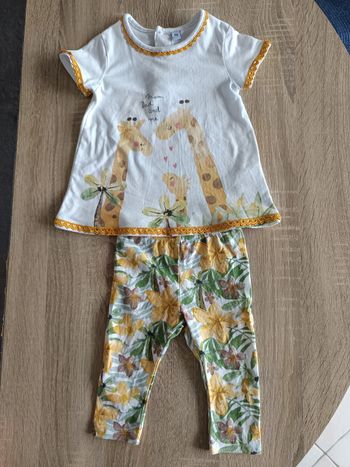Ensemble haut t-shirt manches courtes et pantalon legging blanc et jaune girafes mom dad and me bébé fille 6 mois