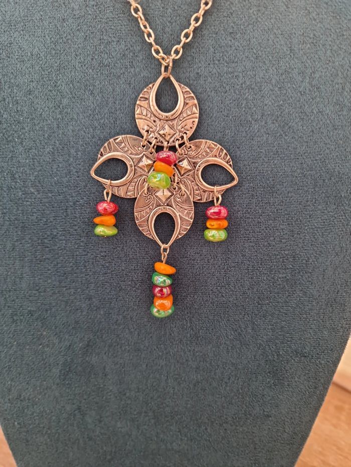 Collier Vintage Ethnique Boheme Argenté Perles Multicolore - photo numéro 4