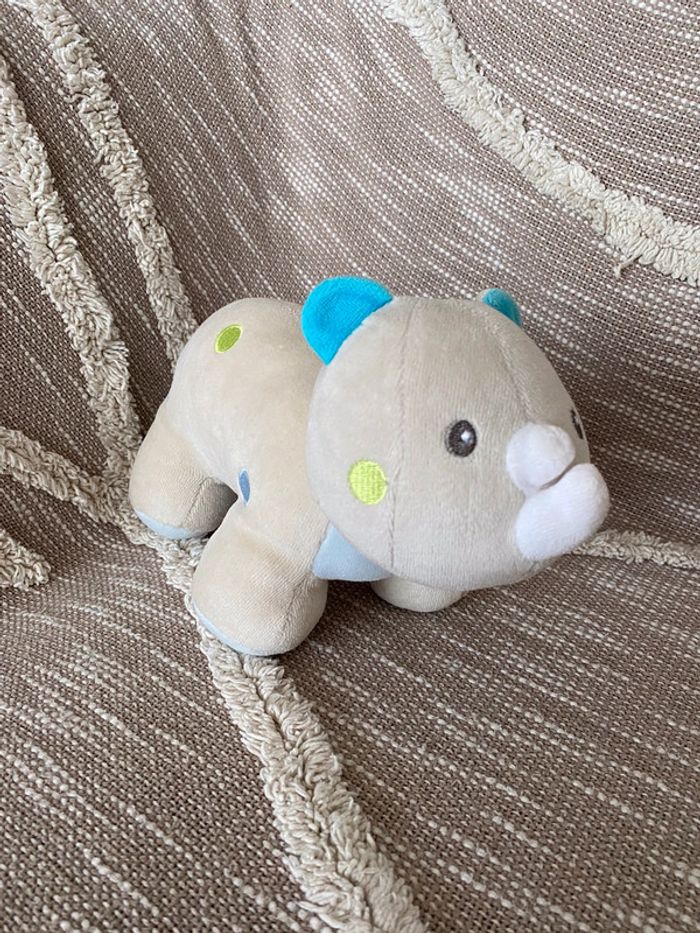 Peluche doudou 25cm sucre d’orge rhinocéros beige et bleu à pois très bon état - photo numéro 2