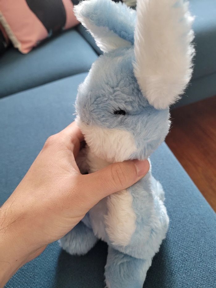 RARE Lapin hochet (fonctionne) Boulgom bras ouverts bleu blanc peluche doudou France collection 28cm - photo numéro 4