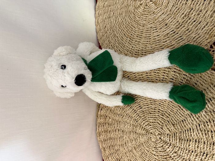 Peluche doudou ours blanc COURTE PAILLE écharpe vert - photo numéro 1
