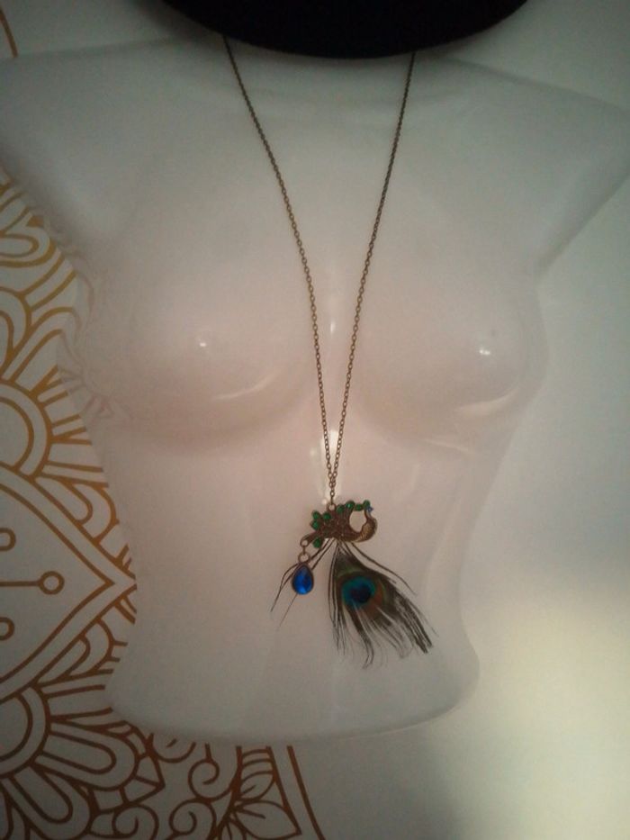 Collier paon et plume de paon naturelle - photo numéro 2