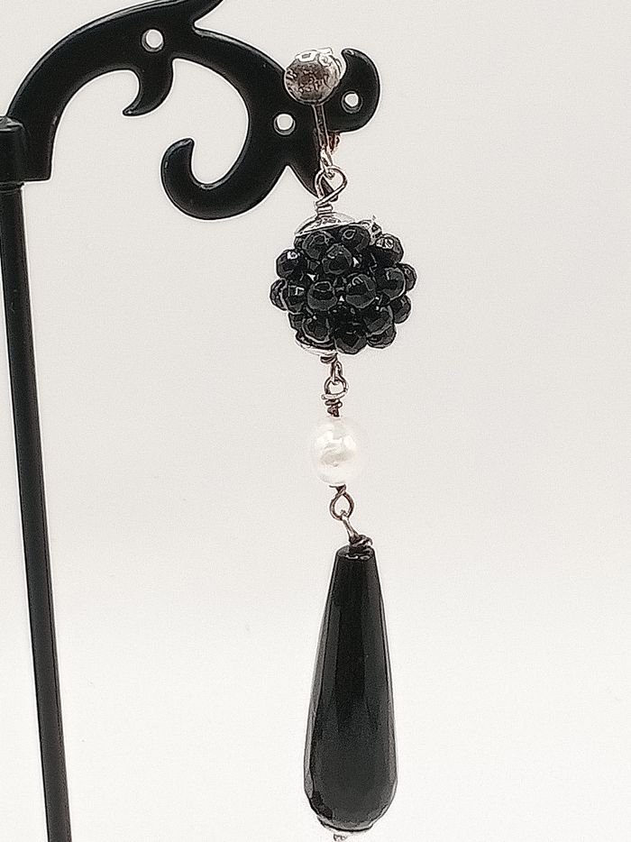 Orecchini donna clip vintage artigianali argento 925 perla fiume neri bianchi - photo numéro 4