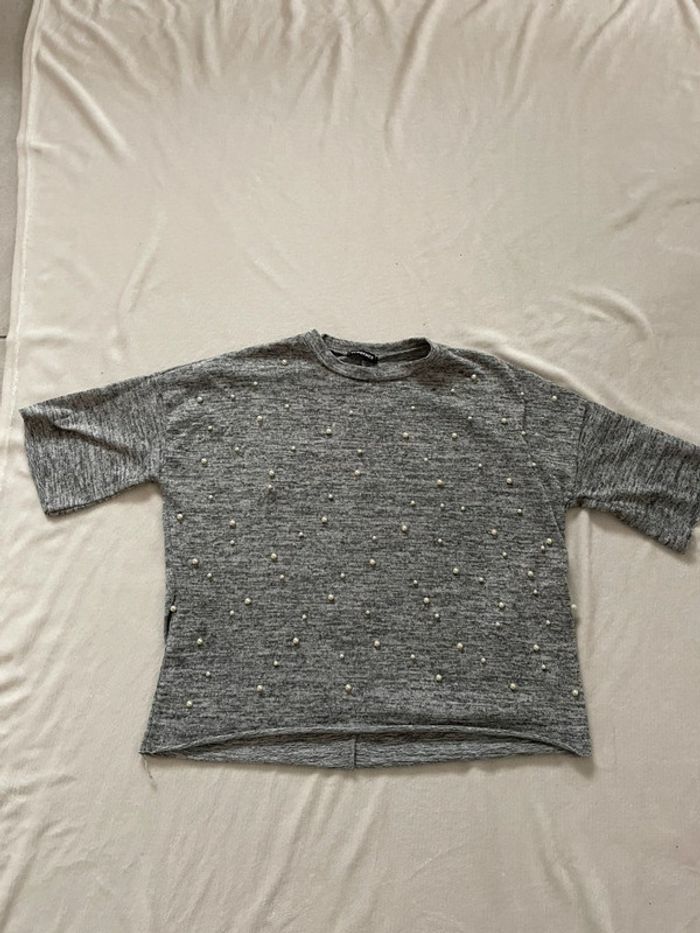 Pull femme gris manches courtes avec perles taille unique