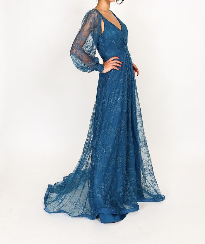 Robe cérémonie mariage bleu petrole en dentelle manche longue taille 38 - photo numéro 2