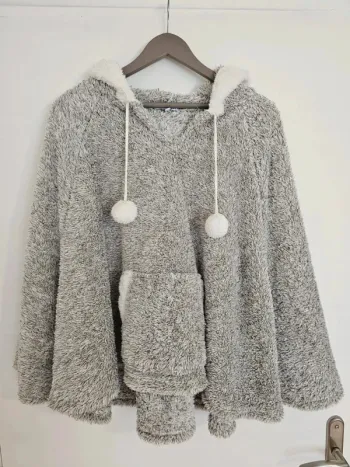 "Poncho femme ultra doux sherpa gris avec capuche - Taille unique