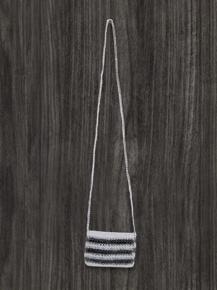 Set sac rectangle anse + porte-monnaie bandoulière paille papier rayé blanc marron - photo numéro 7