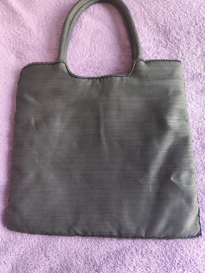 Petit sac à main vintage tissu brodé fermeture anse noir pampille perle sequin - photo numéro 6