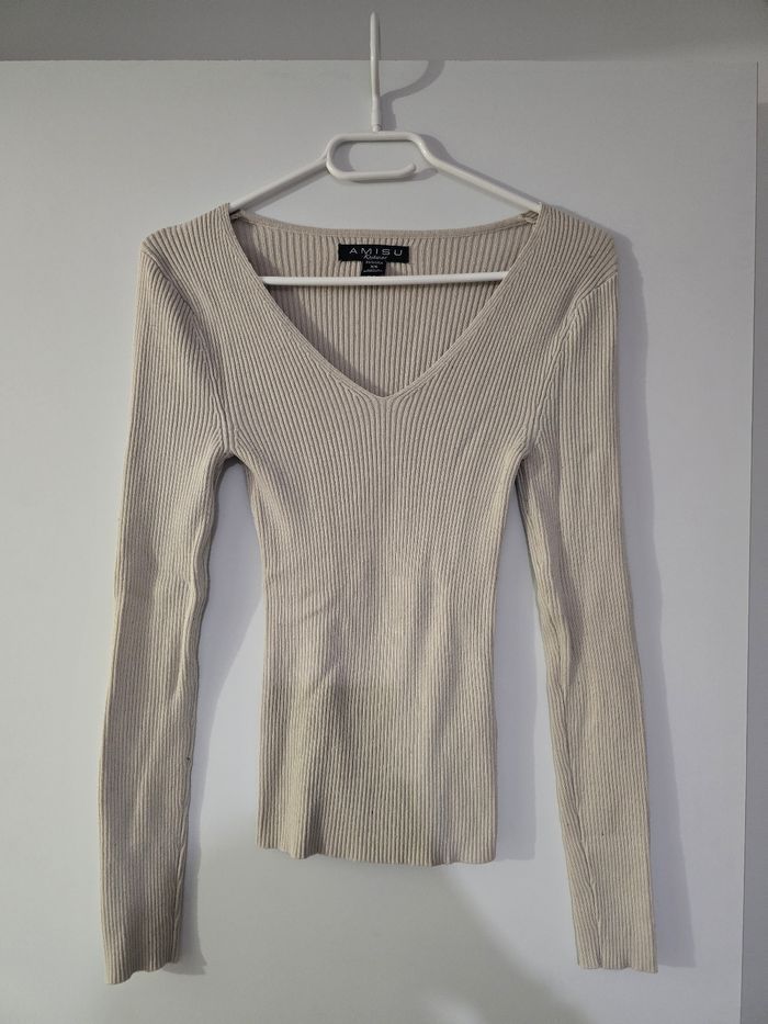 Pull fin col v beige - photo numéro 1